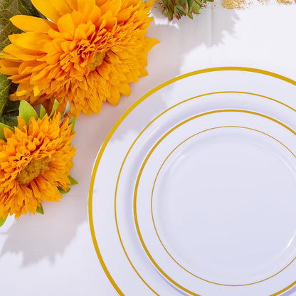 WELLIFE 350-Piece Gold Disposable Plates and Cutlery Set - Premium 10.25" Dinner Plates, 7.5" Dessert Plates, 9oz Cups & Cutlery for Weddings, Catering Events - 50 Guest Service - Elegant & Sturdy