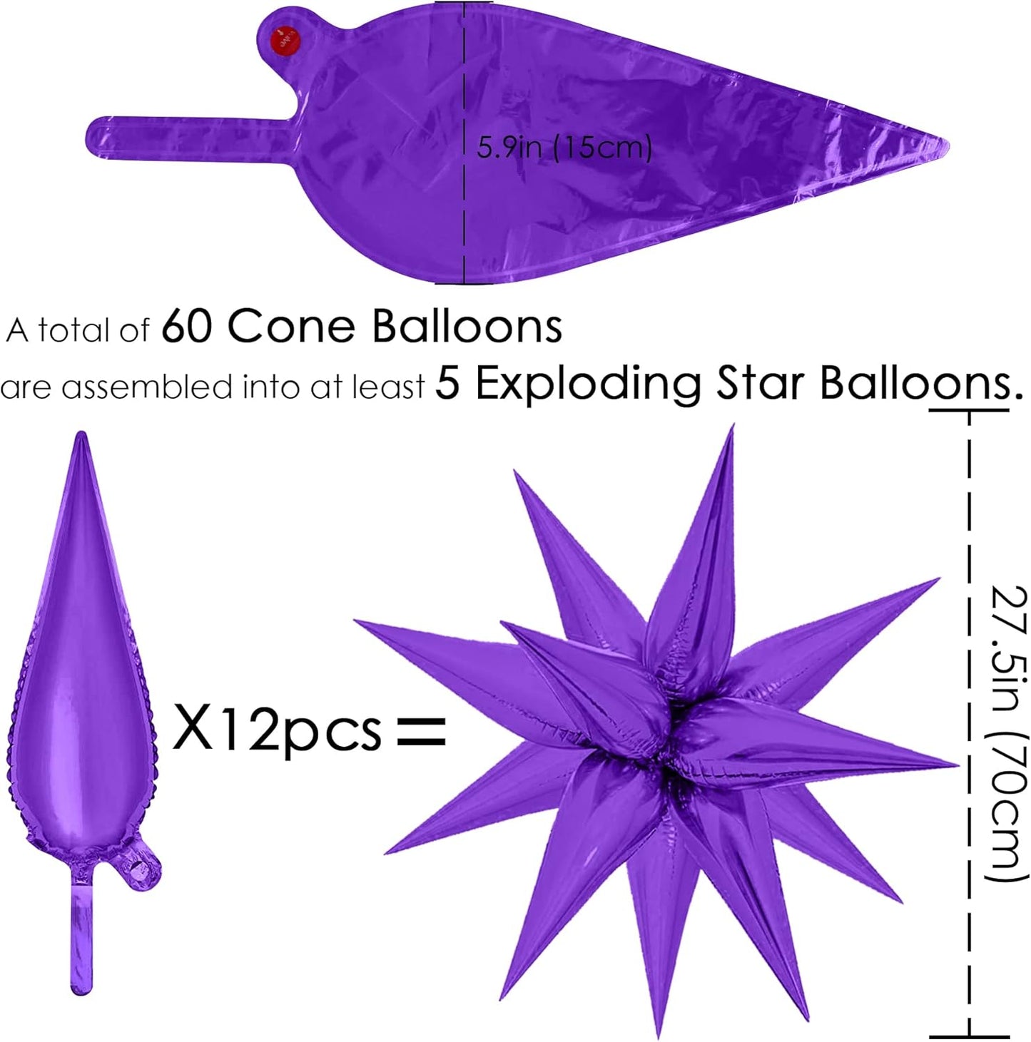 ZAKVOOR 60 Pcs Star Balloons 12 Spike Foil Explosion Party Decoration Balloons for Christmas New Year Eve Birthday (Silver)