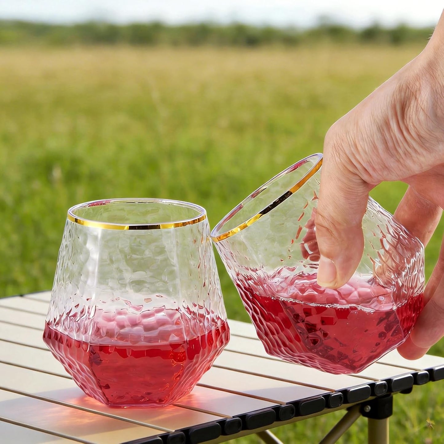 Goodluck 40 PCS Diamond Stemless Plastic Wine Whiskey Glasses, 12 Oz Disposable Cocktail Glasses, Suitable for Weddings, Birthday Parties, Family Gatherings, Bars, etc （Gold rimmed cups）