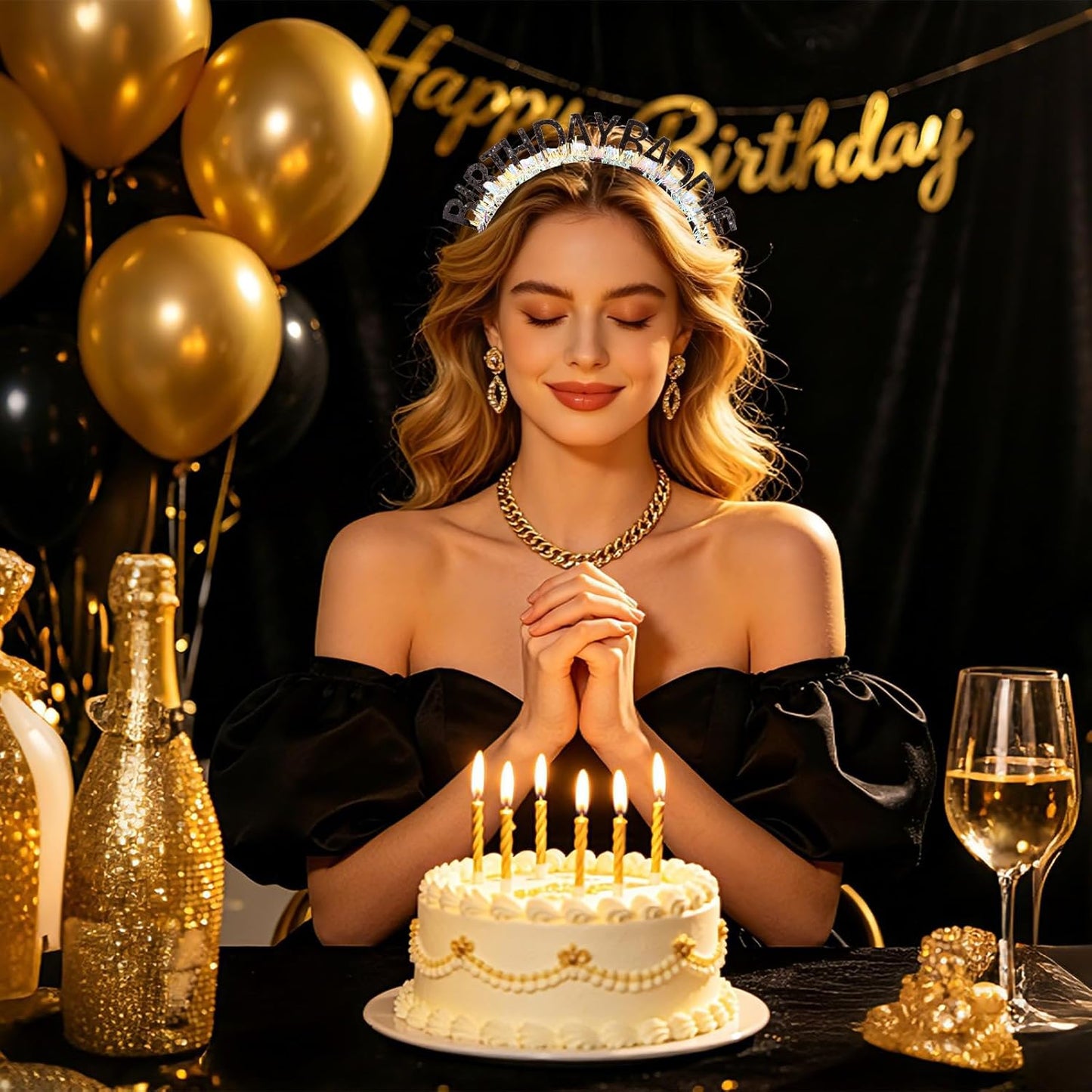 Birthday Baddie Glitter Headband and Sash Set, Black with Iridescent Tinsel, Birthday Party Accessories