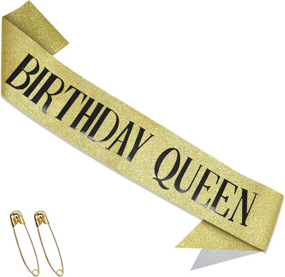 RUDONG M Birthday Queen Sash Glitter - Gold Birthday Sash for Women & Girls | Sweet 16/18th/21st/30th/40th/50th/60th/70th, All-Age Celebration Party Decor