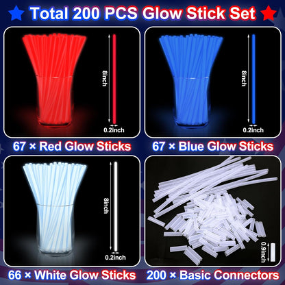 200 Pack 4th of July Glow Sticks Party Favors with Connectors,Patriotic Red White Blue Glow Stick Bracelets Nacklaces Glow in the Dark Party Accessories Memorial Day Decorations,250th Anniversary USA