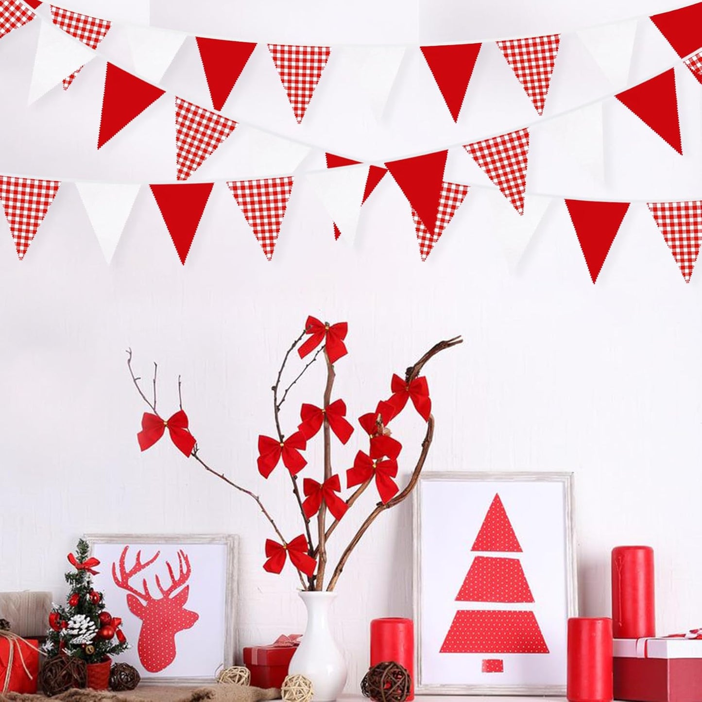 32Ft Dusty Blue Party Decorations Retro Blue Gingham Triangle Banner Flag Pennant Fabric Garland Streamers for Nautical Wedding Birthday Ahoy Achor Bridal Baby Shower Under The Sea Decor Supplies