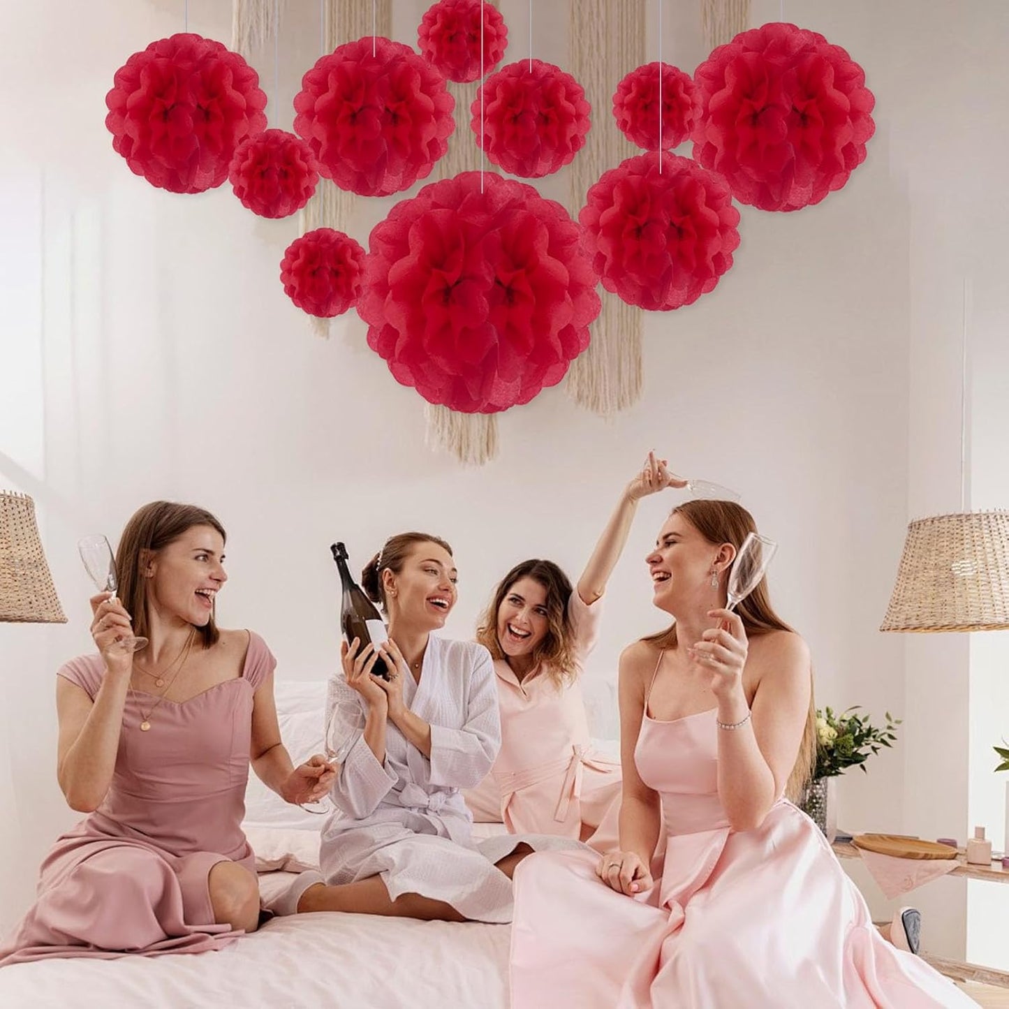 Tissue Paper Pom Poms, Pink Tissue Paper Flowers, Hanging Flower Balls for Weddings Fiesta Parties Birthday Baby Showers Classroom Bridal Shower Decoration (18Piece Set-6/10/12/14Inch)