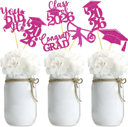 Graduation Centerpiece Sticks 24PCS Glitter Grad Picks Party Table Decor Senior High School College Sign Gold