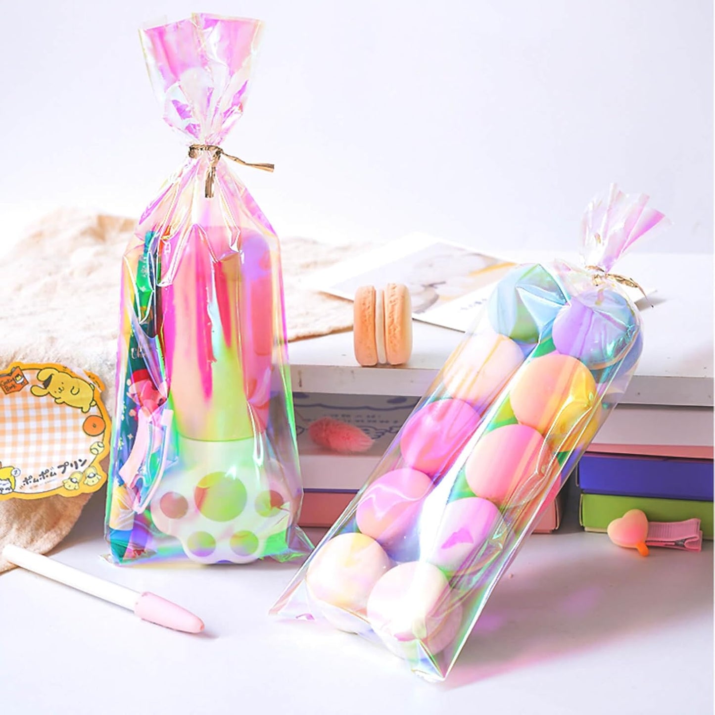 5x7 Inch Iridescent Cellophane Treat Bags with Twist Ties, Treat Bags for Candy Cookie Goodie Chocolates, And Popcorn
