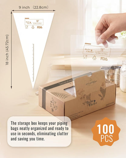 Bake Choice 18 Inch Piping Bags, 100PCS Thickened Disposable Pastry Bags, Large Capacity, Anti Burst Icing Bags for Cream Frosting, Non-slip Frosting Bags, Cake & Cookie Decorating Supplies