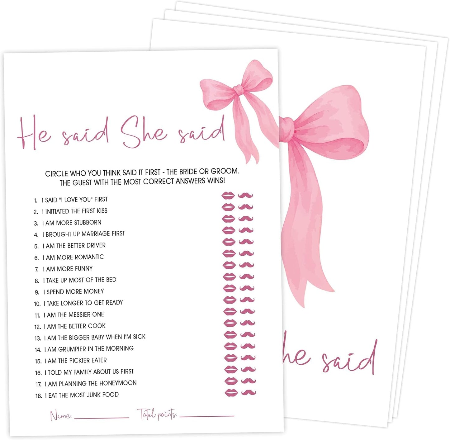Pink Bow Bridal Shower Bingo Game with Blank Squares, Pack of 30 Game Cards, Bridal Shower Decorations, Wedding Engagement Decor, Bachelorette Party Supplies - KR05