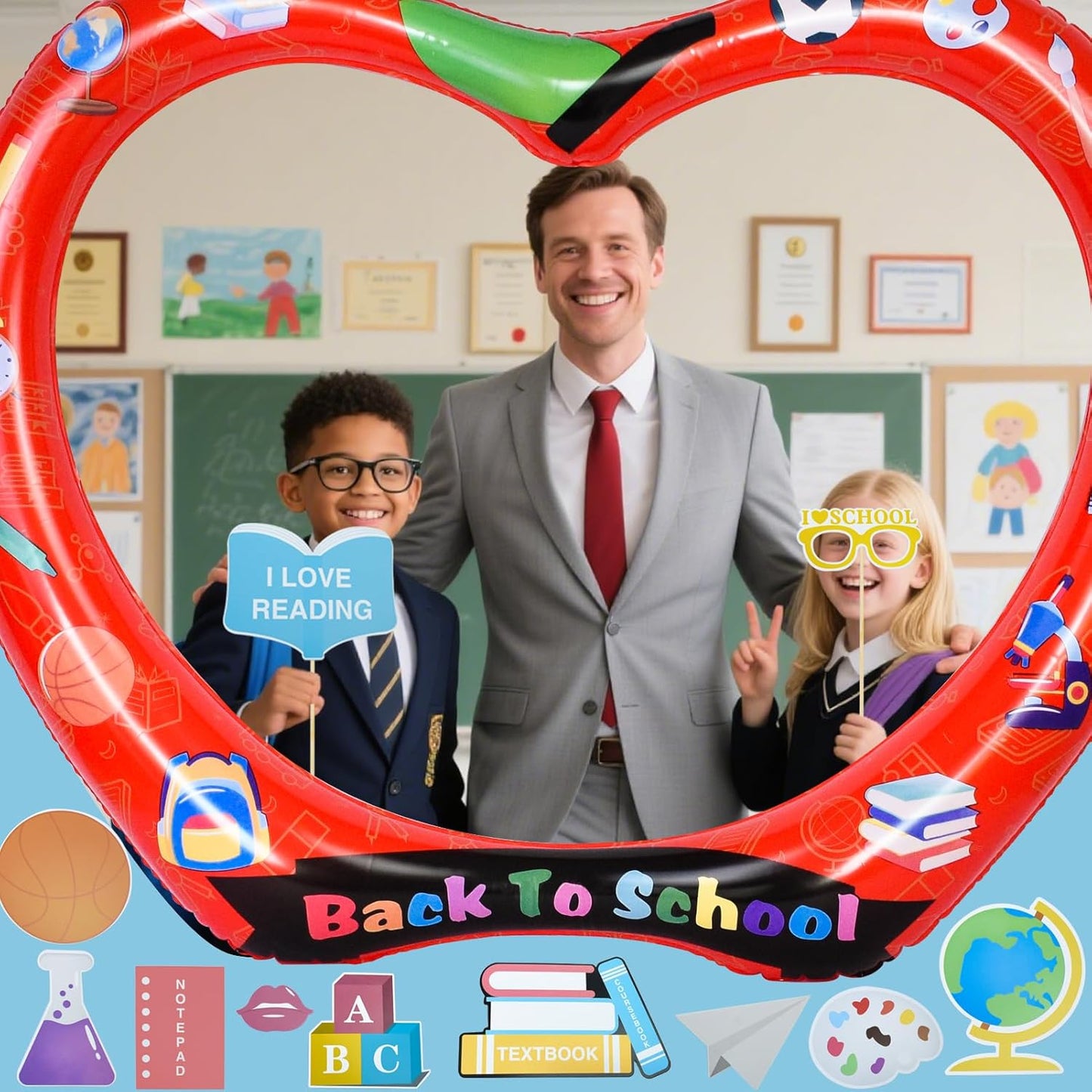 Back to School Photo Booth Frame Inflatable Apple Balloon Frame with 25pcs Photo Props, 40Inch Large First Day of School Selfie Photo Booth Backdrop Welcome Back to School Decorations Party Supplies