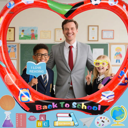Back to School Photo Booth Frame Inflatable Apple Balloon Frame with 25pcs Photo Props, 40Inch Large First Day of School Selfie Photo Booth Backdrop Welcome Back to School Decorations Party Supplies
