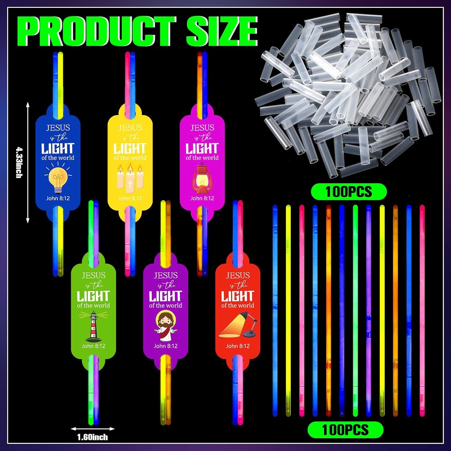 Civaner 48 Packs 2026 Vbs Decorations Christian Gifts Cards with 100 Light Sticks Jesus Is The Light of The Word Cards Glow in The Dark Party Favors Religious Bible Verse Sticks for Vbs Neon Supplies