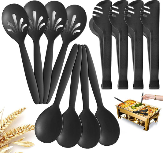 Reusable Plastic Serving Utensils Set of 12, 10" Wheat straw Large Serving set Serving Spoons/Slotted Spoons/Tongs, for Party Buffet Catering (Orange/Blue/Yellow/Green, Not for Cooking)