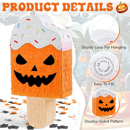 Blueweenly Summer Halloween Ice Cream Piñata Halloween in Summer Piñata with Stick Blindfold Confetti for Party Decorations Photo Prop Party Supply 15.75''x 8.27''x 3.15''
