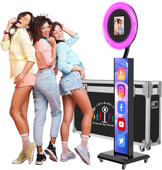 JIYANG Portable Photo Booth Compatible with Any Ipad,Photo Booth Stand Shell with ChackTok PhotoBooth VIP Member and Flight Case,Free Custom Logo,Perfect for Parties,Wedding and Events(White)
