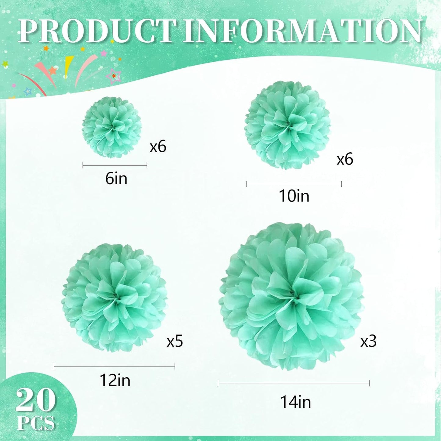 20 PCS Orange Tissue Paper Pom Poms, Tissue Pom Poms Flowers, Sizes of 6", 10", 12", 14" Hanging Paper Flower Ball for Wedding, Birthday, Halloween, Christmas, Baby Shower Party Decor