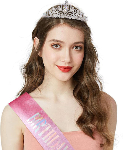COCIDE Birthday Queen Sash & Rhinestone Tiara Set Gold Happy Birthday Crowns for Women Party Decoration Kit Rhinestone Headband for Women Glitter Crystal Hair Accessories for Cake Topper