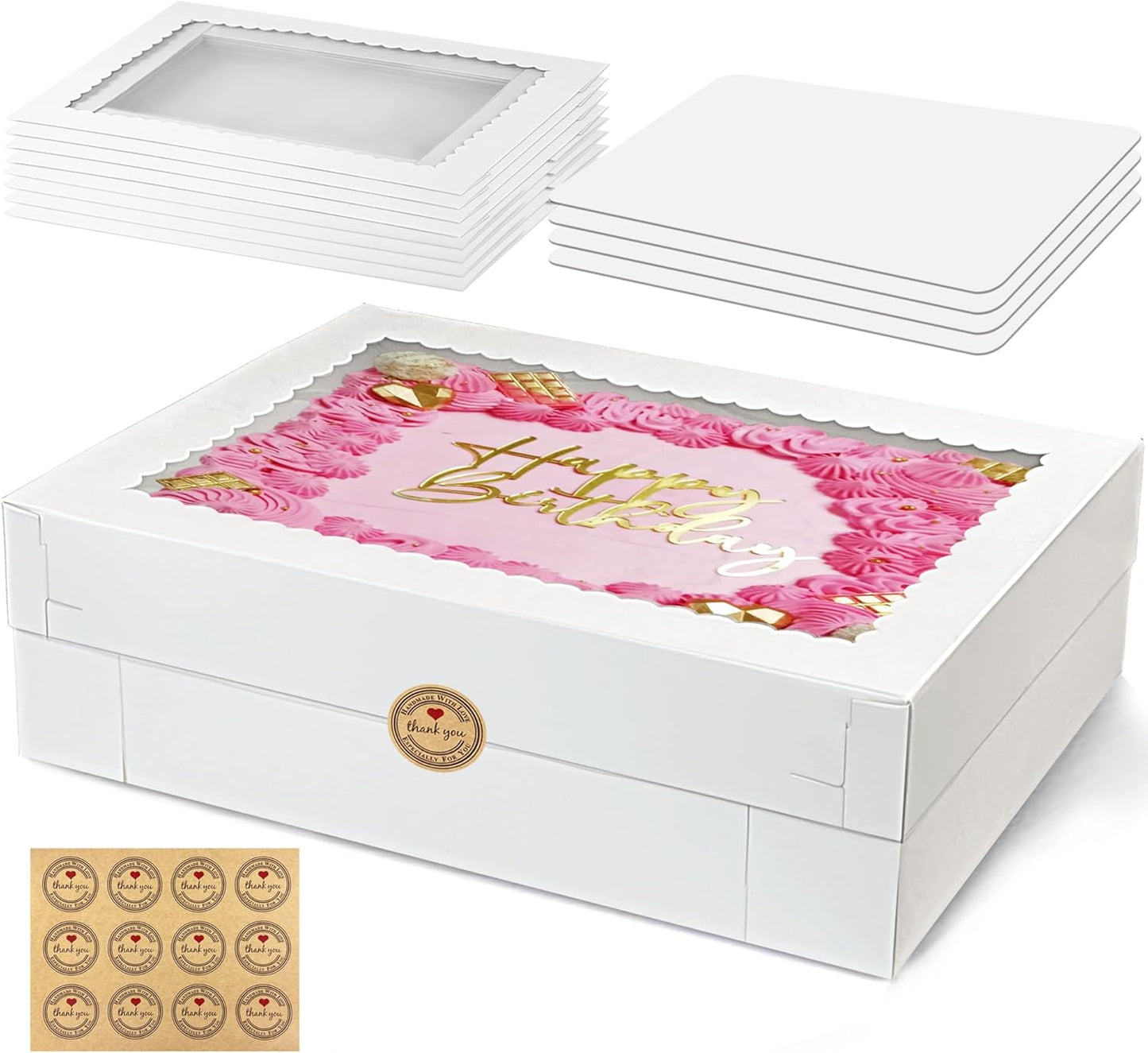 MUMULULU 4 PCS 19x14x4 Inch Cake Boxes with Cake Board White Sheet Rectangular Bakery Boxes with Window for Donuts Cookies Dessert Cupcakes Pastry Baking Pie Packaging