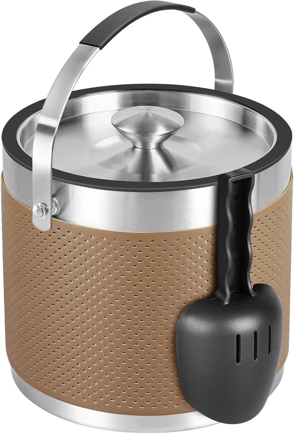 3.4Quart/3.2L Insulated Stainless Steel Ice Bucket with Lid, Scoop, Leather Design Double Wall Wine Bucket for Cocktail Bar, Parties (Dark Blue)