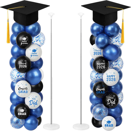 Thenshop 2 Sets Graduation Balloon Column Stand Kit 2026- Black Blue Balloon Tower Stand Kit with 100 Balloons with 7ft Adjustable Height with Paper Grad Cap Toppers for Grad Party Decor Supplies