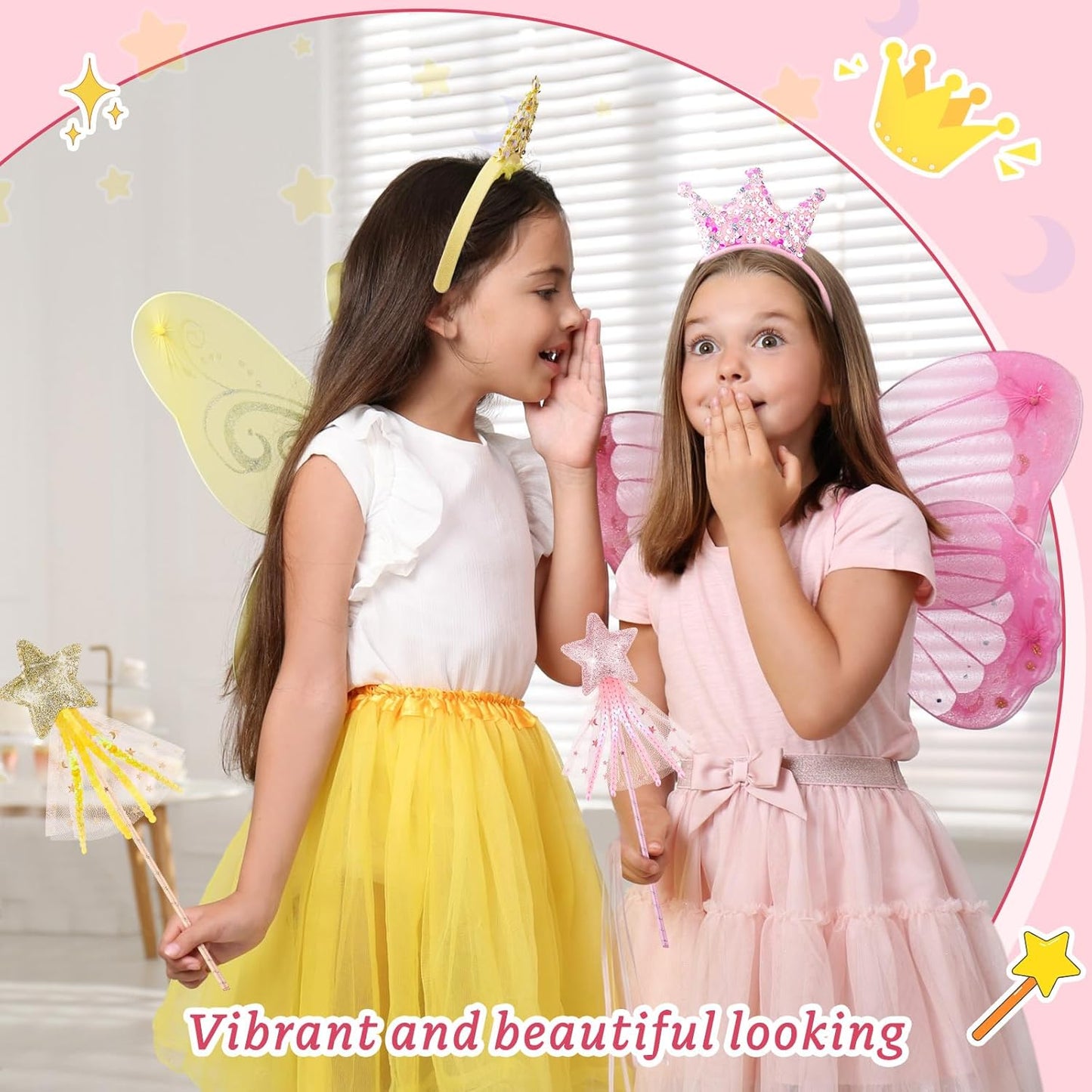 Hollowfly 12 Pcs Princess Party Favors Including 6 Glitter Star Fairy Wands and 6 Sequin Princess Crown Headbands for Girls Birthday Party Gifts