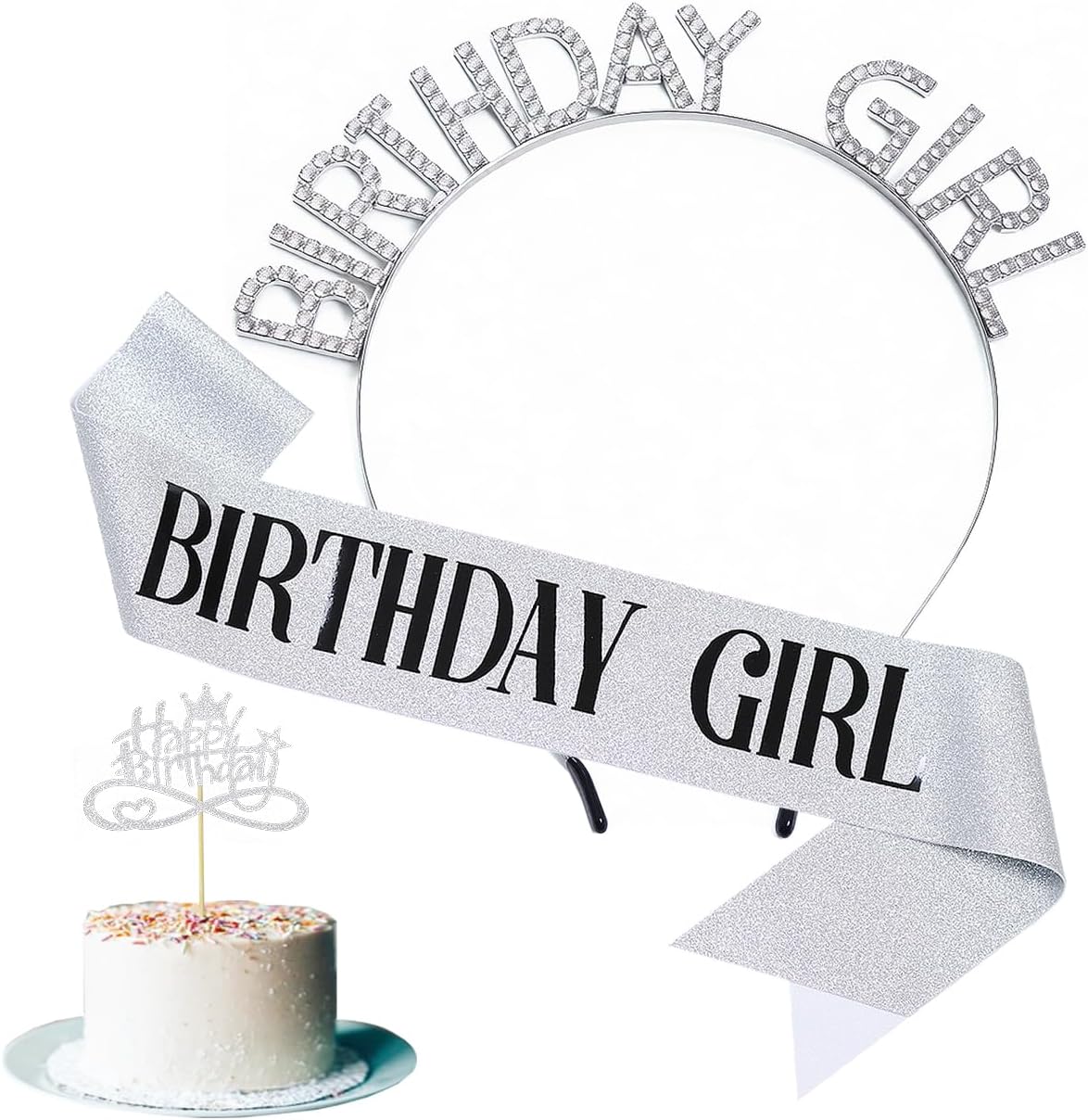 3 Pack Rose Gold Birthday Girl Sash and Rhinstone Headband Set for Women Glittery Cake Topper Happy Birthday Crown&Tiara Accessories Decorations Gifts for Kids.