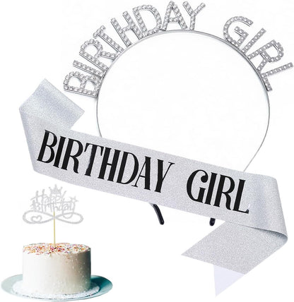 3 Pack Rose Gold Birthday Girl Sash and Rhinstone Headband Set for Women Glittery Cake Topper Happy Birthday Crown&Tiara Accessories Decorations Gifts for Kids.