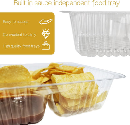 50 PC Nacho Trays Disposable, 12oz Plastic Nacho Containers with Chip and Dip Holder, 6x5 In 2 Compartments Clear Snack Trays for Kids,Parties, Movie Night Supplies (Plastic-50pc)