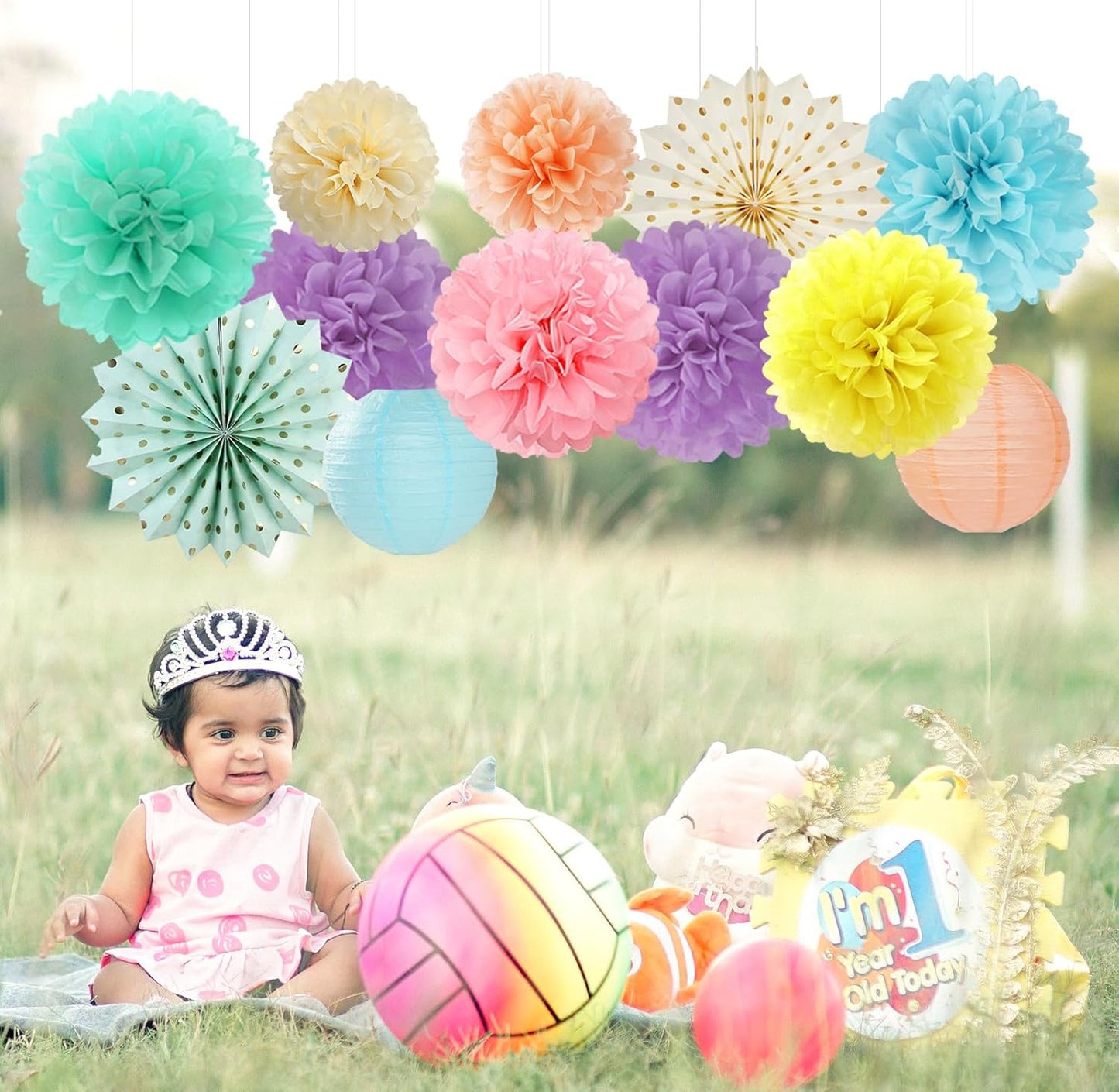 Champagne-Gold Beige Fall Baby-Shower Party-Decorations - 36pcs Welcome Home Banner Sign,Neutral Paper Lanterns,Girl Streamers Garland,Boho Hanging Tissue Pom Poms Flowers Fans Backdrop Decor Burgleda