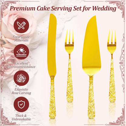 4 PCS Wedding Cake Knife and Server Set, Elegant Gold Cake Cutting Set with Engraved Handles and Forks for Wedding Anniversary, Engagement Party