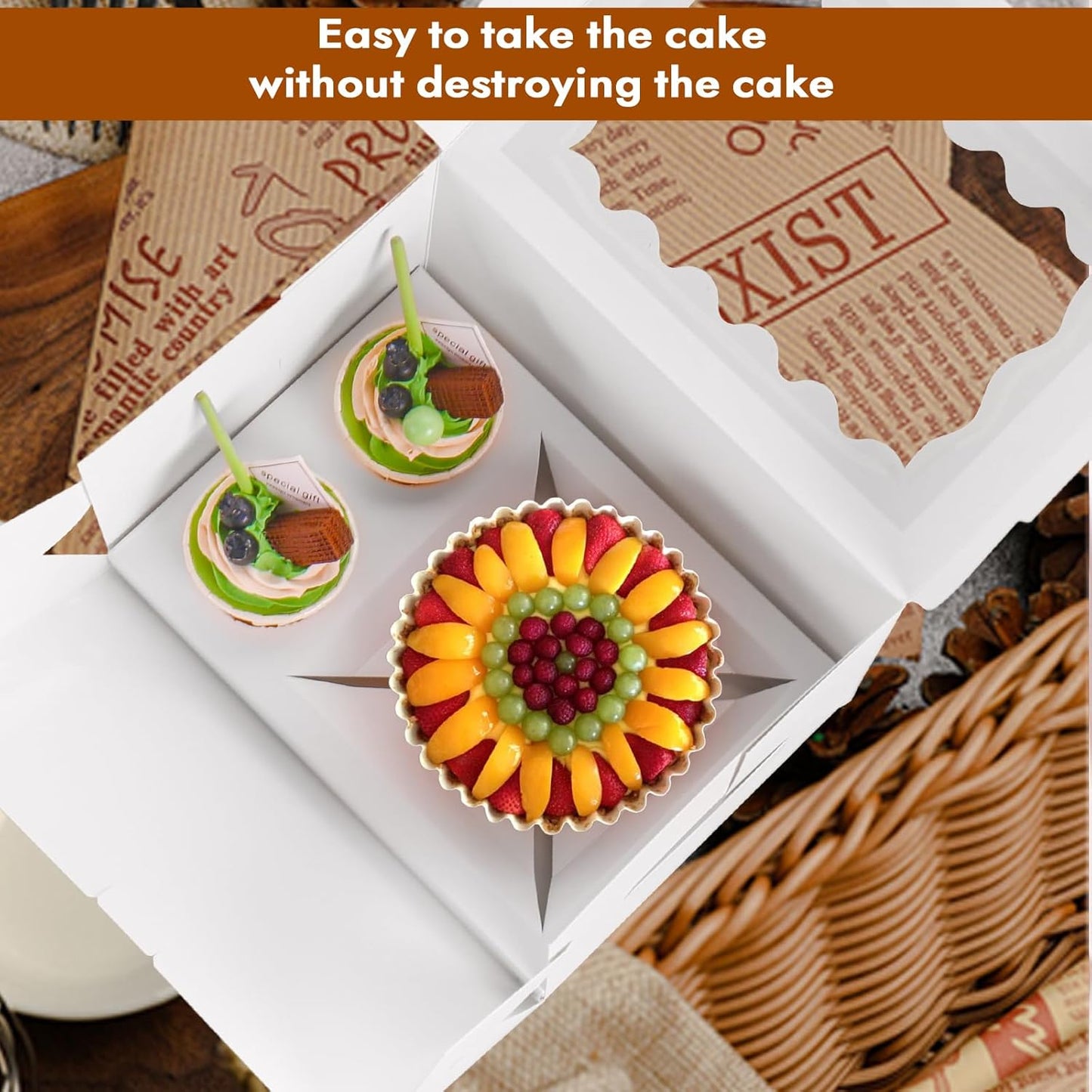 10 Packs Bento Cake and Cupcake Box 3 Holes Fit 2 Cupcakes and 1 Mini Cake Box with Clear Window and Stickers for Cake Cupcake Cookie or Easter and Mother’Day. (1+2/10pcs)