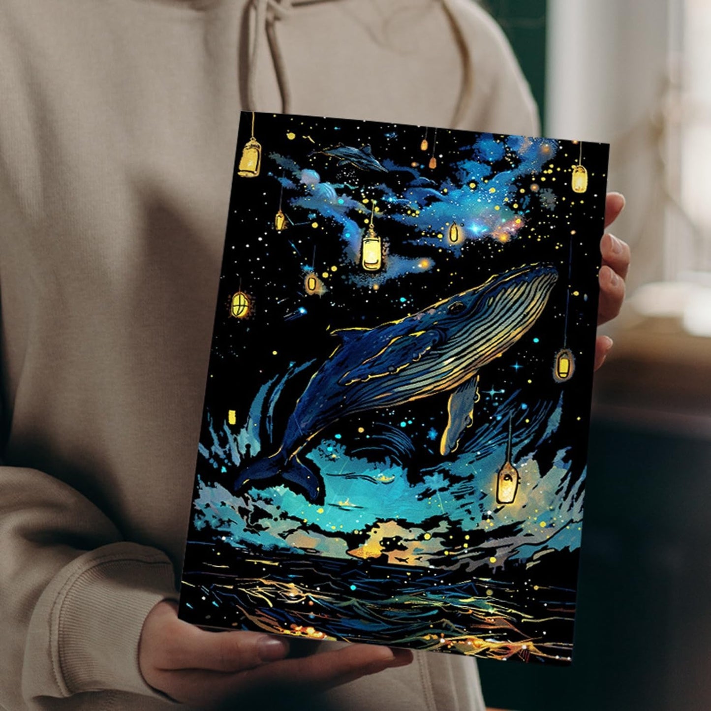 Georgie Porgy Scratch Paper Art Set for Kids Adults Magic Rainbow Scratchboards for DIY Arts and Crafts Kits Christmas Birthday Gift with Scratching Tools Kit (A4-Noctilucent Whale + Sea World)