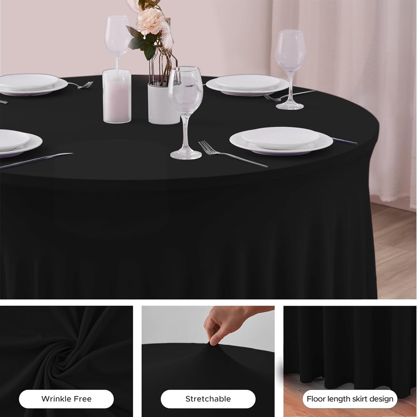 HolidayIdeas 2 Pack Spandex Table Skirt for 6 Ft Rectangle Tables, Black Fitted Stretch Tablecloth 30 x 72 Inch, Wrinkle Resistant Ruffle Design for Wedding Banquets, Trade Shows, Parties