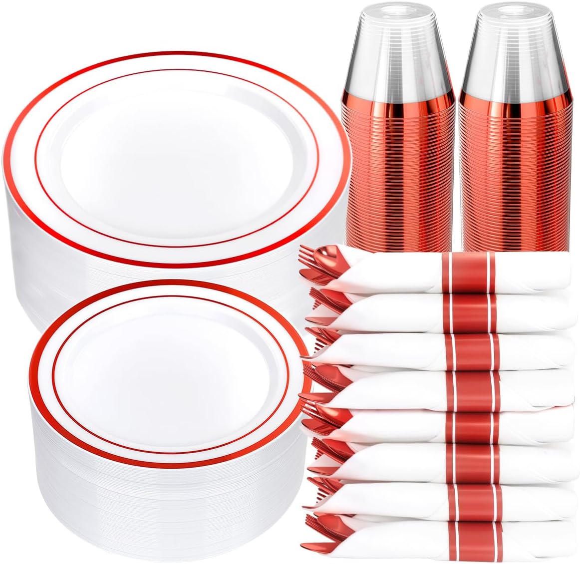 Goodluck 350 Piece Silver Plastic Dinnerware Set for 50 Guests, Fancy Disposable Plates for Party, Include: 50 Dinner Plates, 50 Dessert Plates, 50 Pre Rolled Napkins with Silver Silverware, 50 Cups