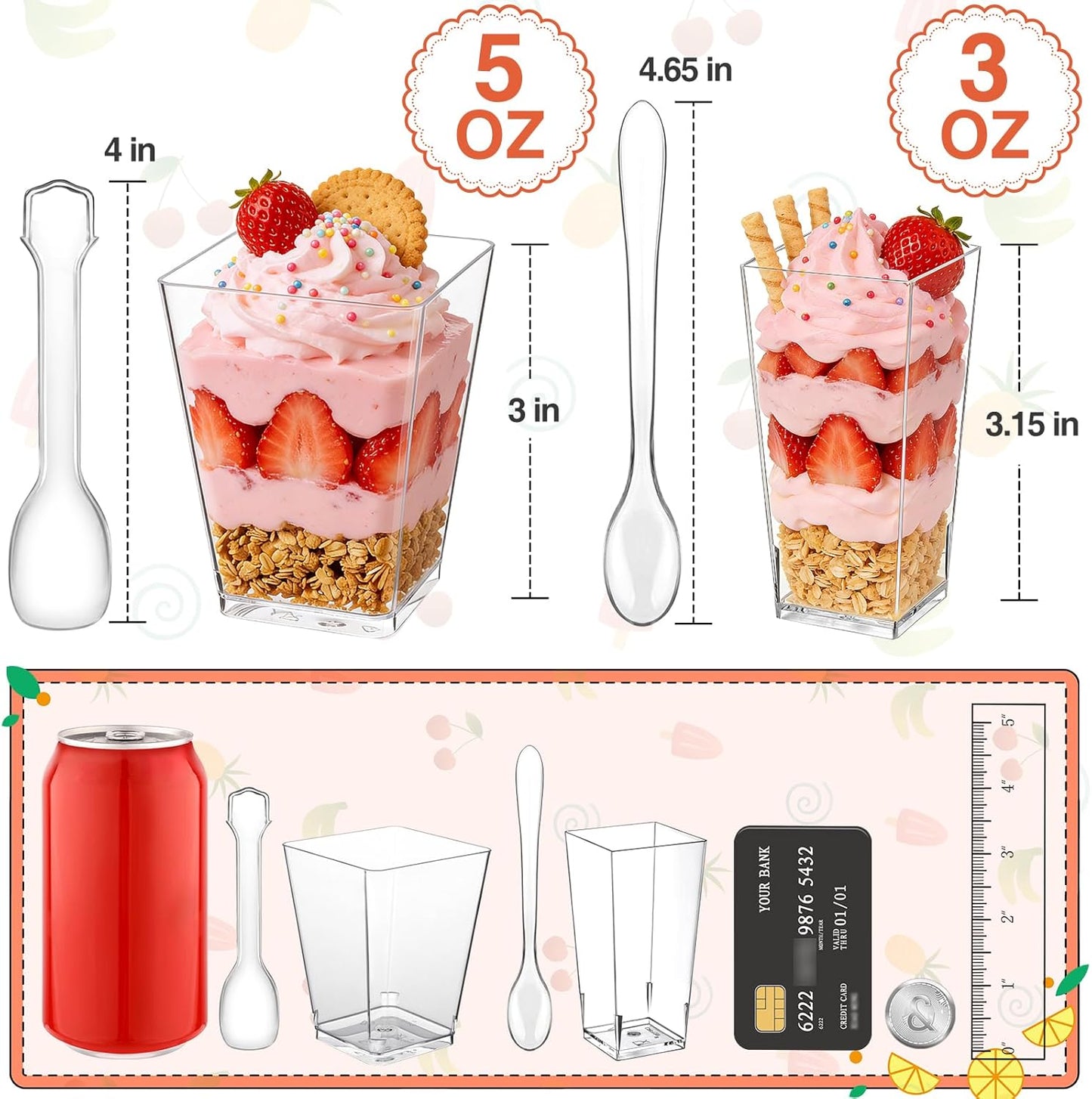 Eupako 3 oz Plastic Dessert Shooter Cups with Spoons - 100 Pack Mini Clear Slanted Appetizer Cup, Small Dessert Cup for Jello Shots, Parfait, Puddings, Mousse