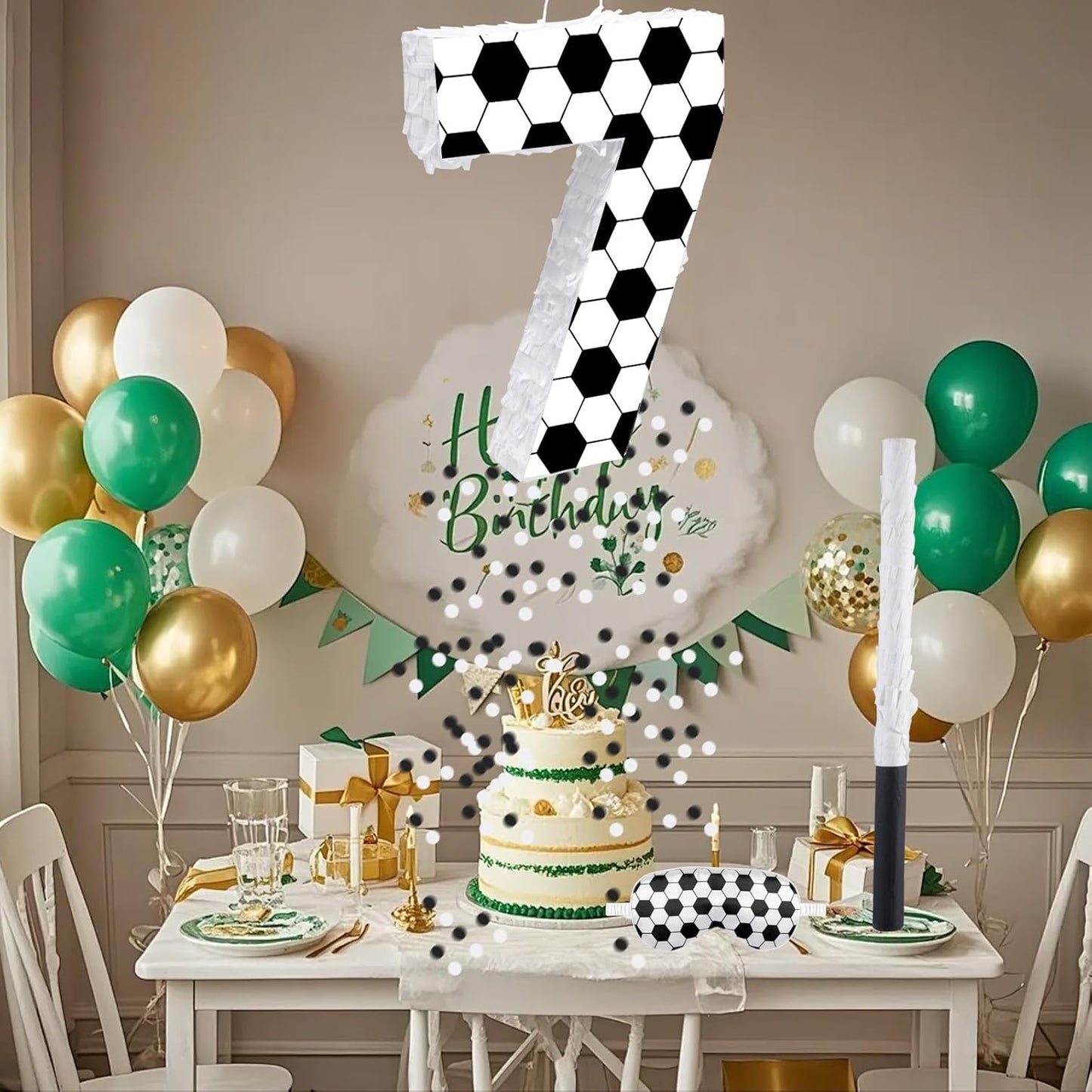 16Inch Soccer Ball Number 9 Piñata Includes Wooden Stick, Blindfold, and Confetti for for Kids 7th Anniversary Sport Themed Party Birthday Supplies