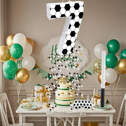 16Inch Soccer Ball Number 9 Piñata Includes Wooden Stick, Blindfold, and Confetti for for Kids 7th Anniversary Sport Themed Party Birthday Supplies