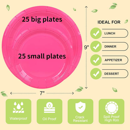 LANLISA 50 Pcs Pink Paper Plates Disposable, 25-9" & 25-7" Disposable Birthday Cake Dessert Plates For Valentines Day, Baby Shower, Easter Party, Mothers Day Party Supplies