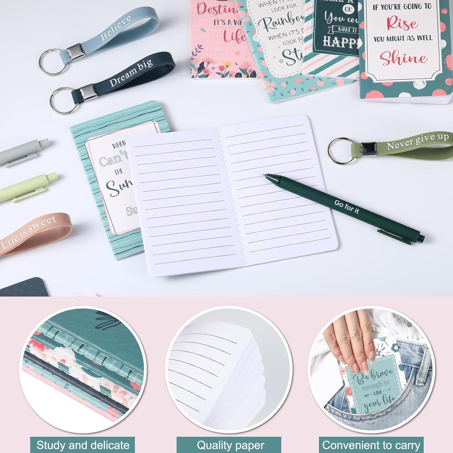 PerKoop 48 Pcs Inspirational Gifts Bulk Motivational Notepads Ballpoint Pens Keychains Set Modern Farmhouse Journal Notebooks Christian Gifts for Teachers School Office Party Favor Supplies