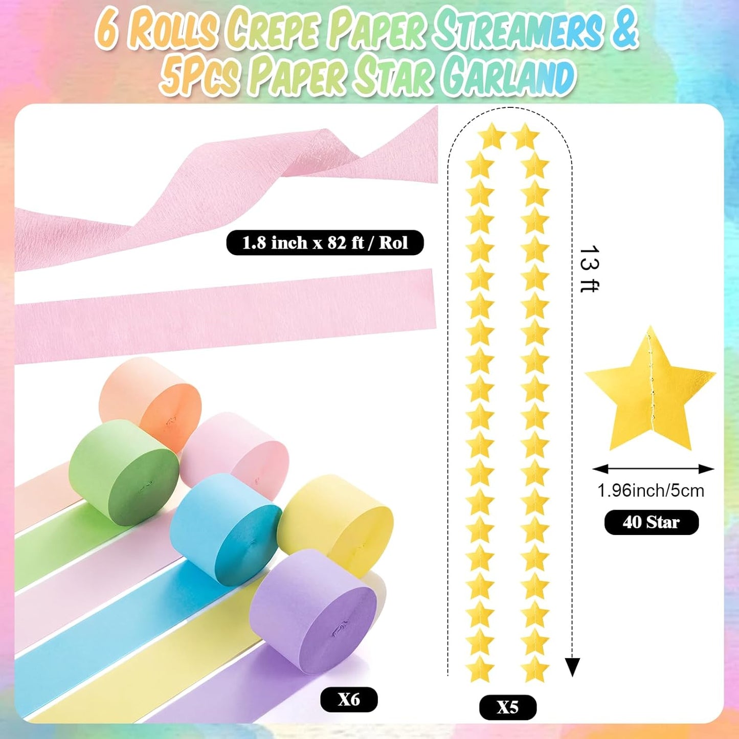 TaoBary Decorations Crepe Streamers Sheet Paper Strips Chain Garland Star Hanging for Party Birthday Wedding Decor(600,Pastels,Same Size)