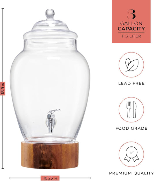 American Atelier Madera Beverage Dispenser Cold Drink Dispenser w/ 3-Gallon Capacity Glass Jug, Leak-Proof Acrylic Spigot in Gorgeous Gift Box Great for Parties, Weddings & More