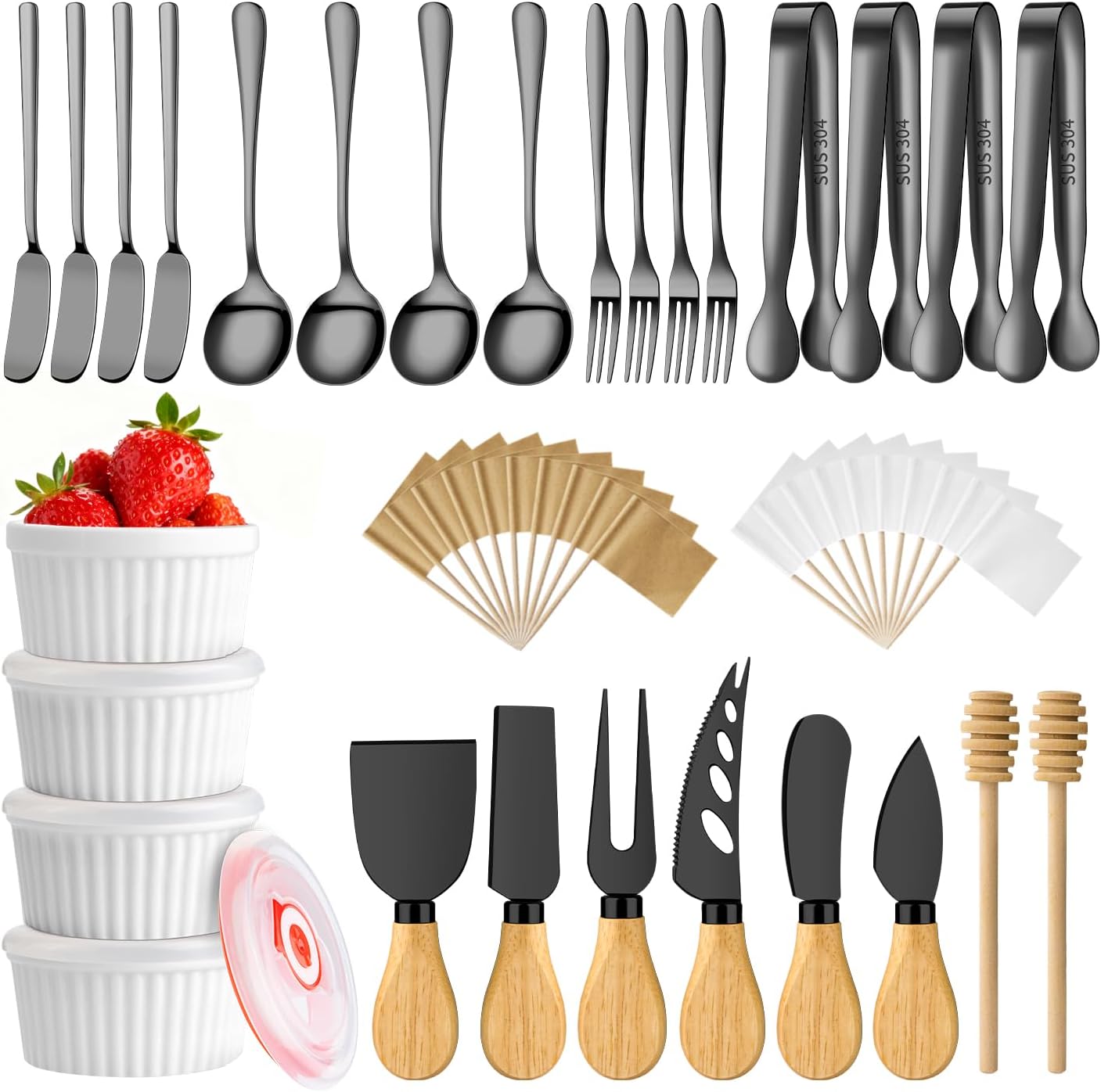 Gold Charcuterie Boards Accessories Bowls Utensils, Cheese Knife Set Mini Butter Spreader, Serving Tongs, Forks, Spoons, Dipping Bowls with Lids, Toothpick Flag, Honey Dippers for Party Platter Making