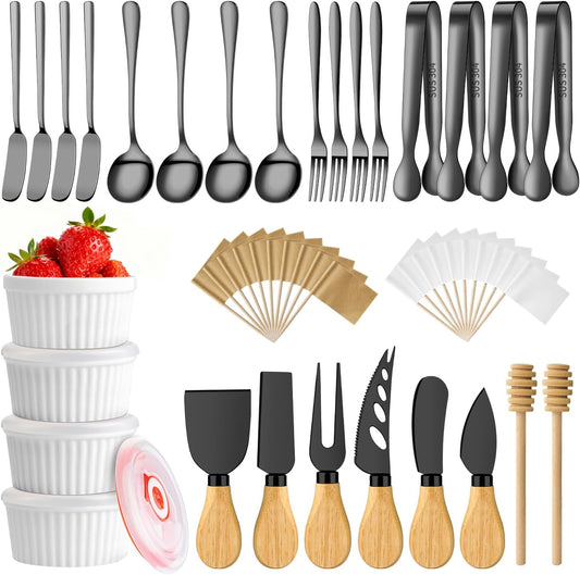 Gold Charcuterie Boards Accessories Bowls Utensils, Cheese Knife Set Mini Butter Spreader, Serving Tongs, Forks, Spoons, Dipping Bowls with Lids, Toothpick Flag, Honey Dippers for Party Platter Making