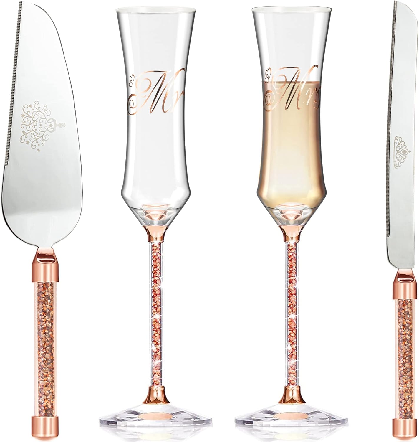 Wedding Cake Knife and Server Set, Wedding Cake Cutting Set with Mr and Champagne Flutes Glasses for Bride and Groom Gifts for Couples