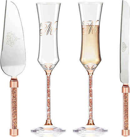 Wedding Cake Knife and Server Set, Wedding Cake Cutting Set with Mr and Champagne Flutes Glasses for Bride and Groom Gifts for Couples