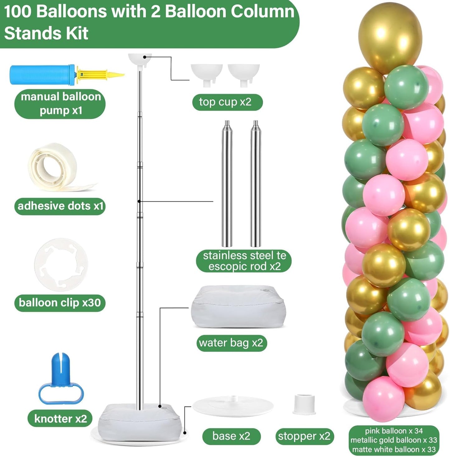 2 Set Black and Gold Balloons Column Stand Kit with 100 Balloons Adjustable Balloon Stand with Bases for Floor Black Gold Confetti Balloon Column Kit for Bridal Shower Valentine Birthday Party Decor