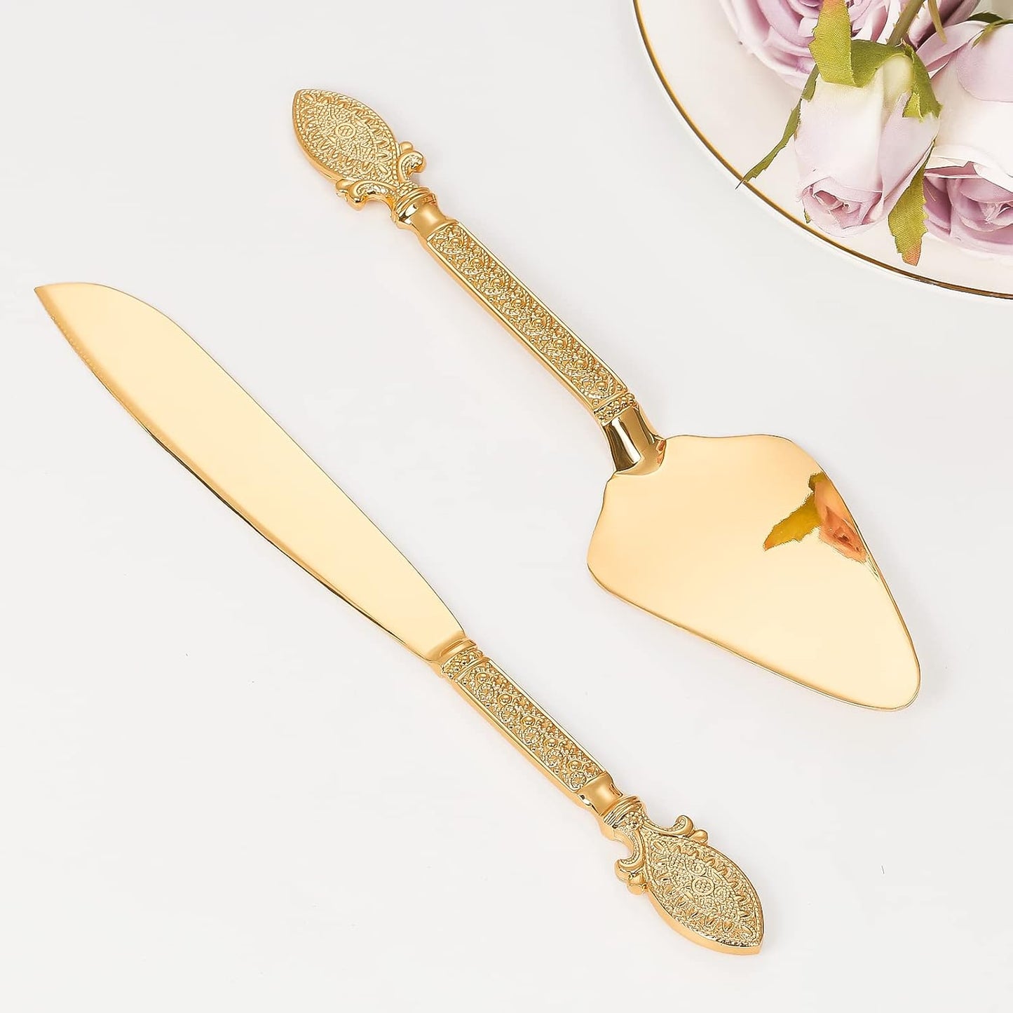 Cake Cutting Set for Wedding, Personalized Gold Cake Knife and Server Set, Custom Cake Serving Set, Engraved Pastry Pie Server Cake Pizza Cutter, Birthday Bridal Gift (F-Classic)
