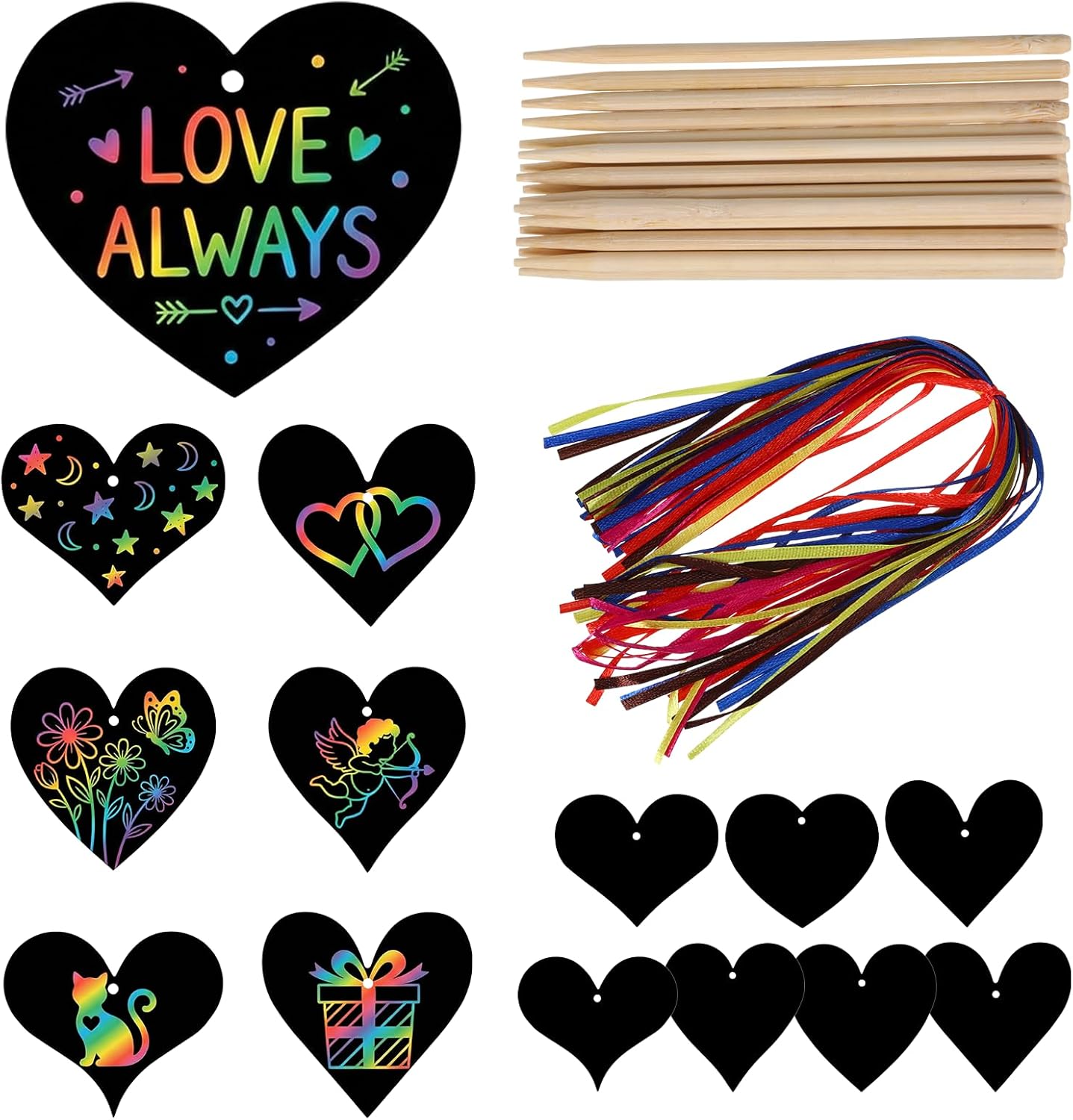 ShioShin 42 Pack Valentine's Day Rainbow Scratch Paper, DIY Rainbow Scratch Art, Scratch Art Party Favors with Wooden Styluses and Pieces Ribbons, Valentines Crafts for Creative Gifts Holiday Decor