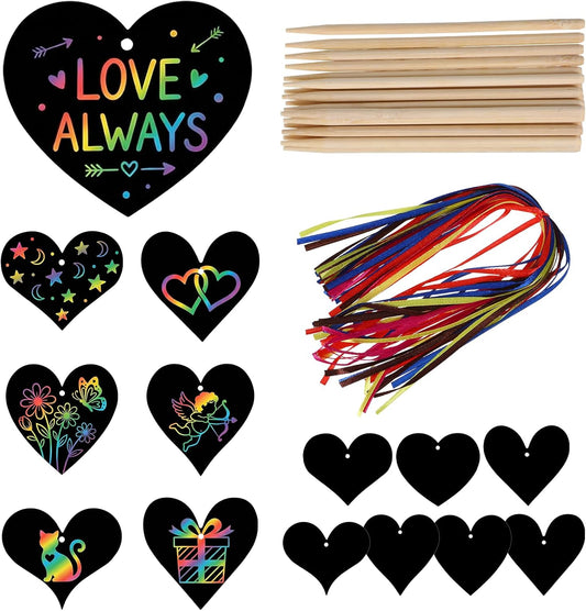 ShioShin 42 Pack Valentine's Day Rainbow Scratch Paper, DIY Rainbow Scratch Art, Scratch Art Party Favors with Wooden Styluses and Pieces Ribbons, Valentines Crafts for Creative Gifts Holiday Decor