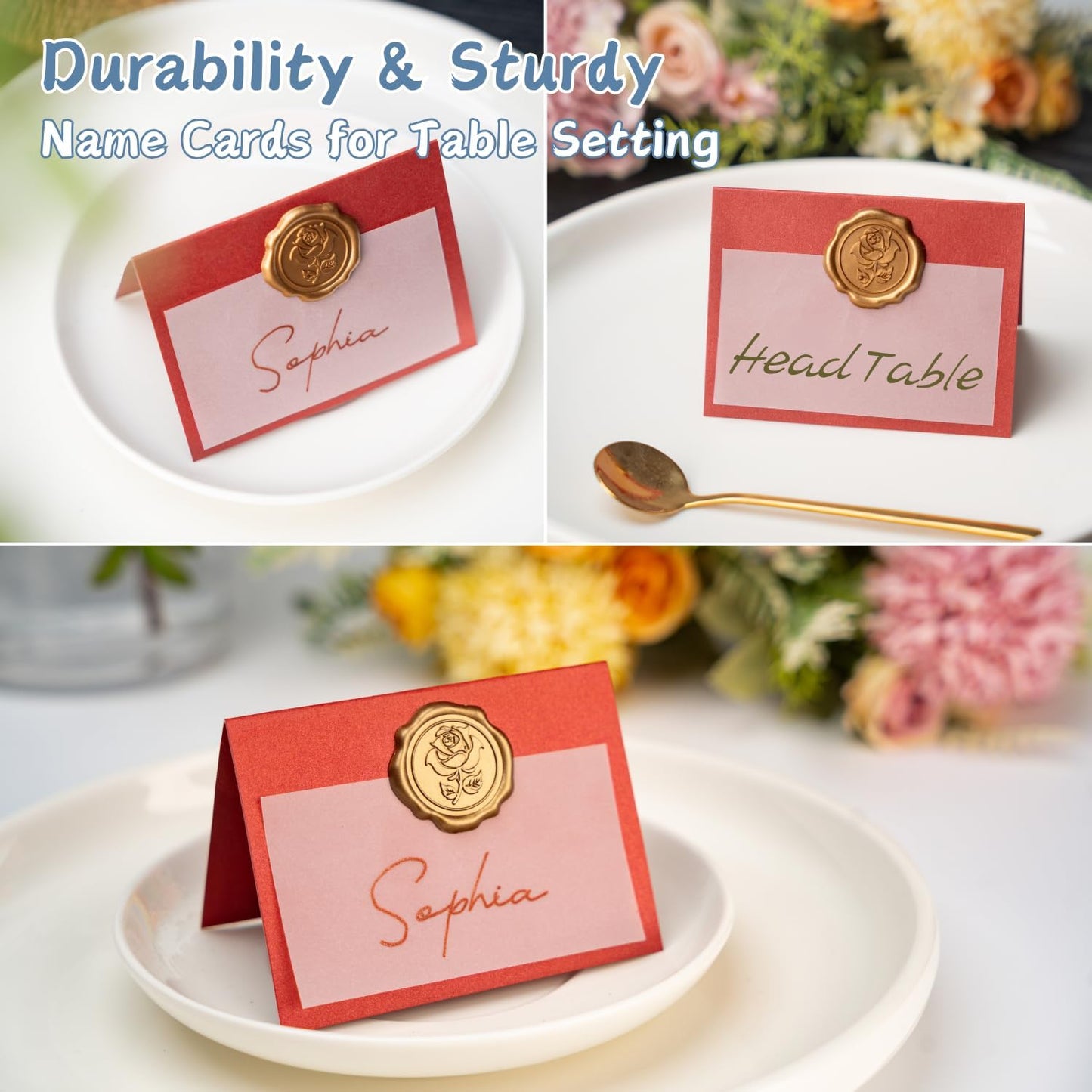 25 Pack Name Cards for Table Setting, Printable Place Cards with Antique Gold Rose Wax Seal Sticker for Wedding, Table Tent Card Stock Decor for Party, Dinner, Home(Pearlized Champagne Gold)