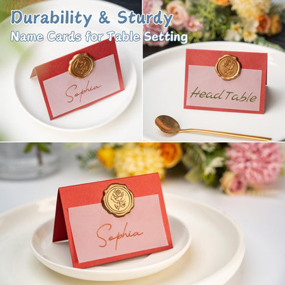 25 Pack Name Cards for Table Setting, Printable Place Cards with Antique Gold Rose Wax Seal Sticker for Wedding, Table Tent Card Stock Decor for Party, Dinner, Home(Pearlized Champagne Gold)